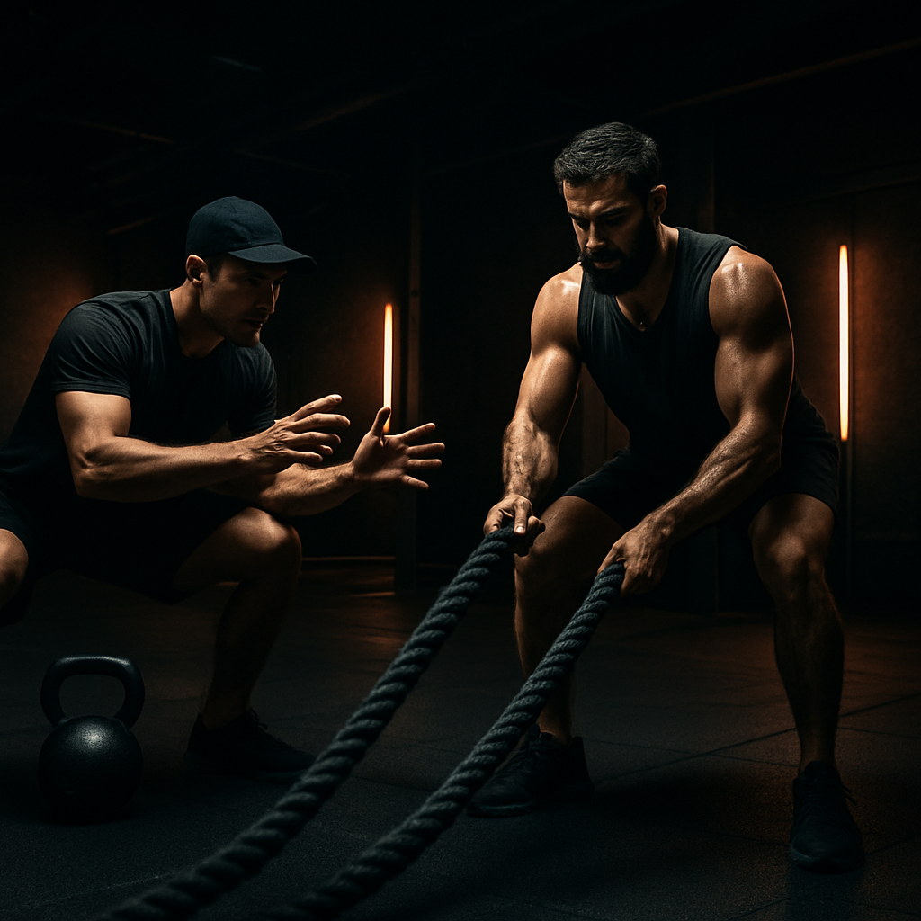 Personal trainer coaching a client in a dark gym